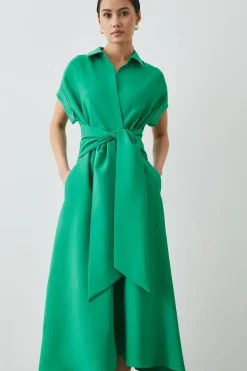 Green Front Tie Shirt Midi Dress