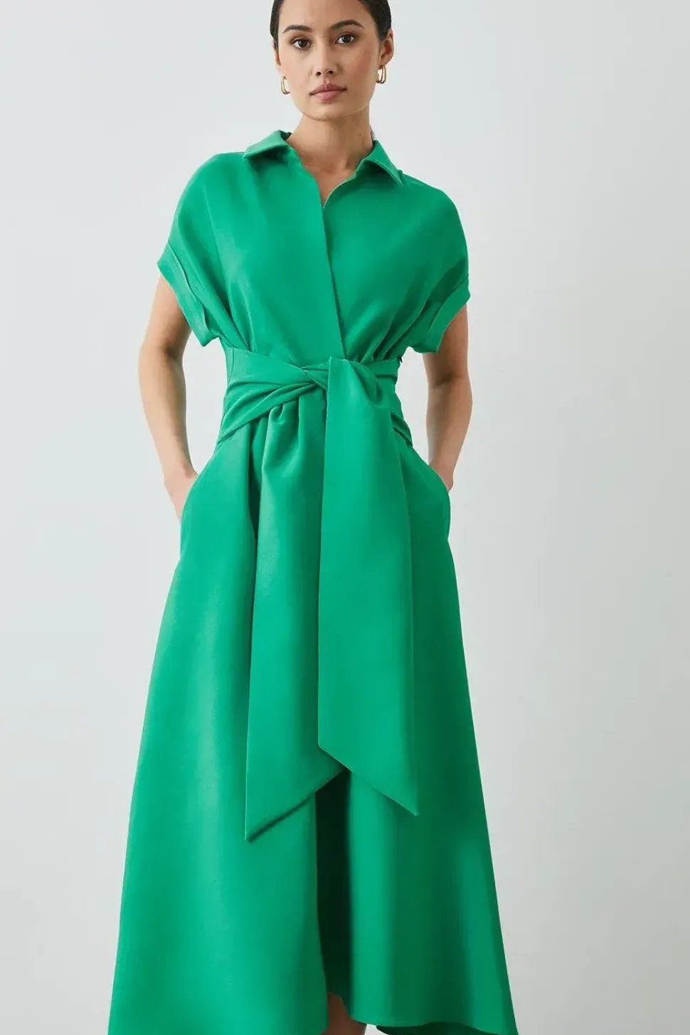 Green Front Tie Shirt Midi Dress