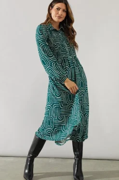 Green Geo Collared Midi Dress