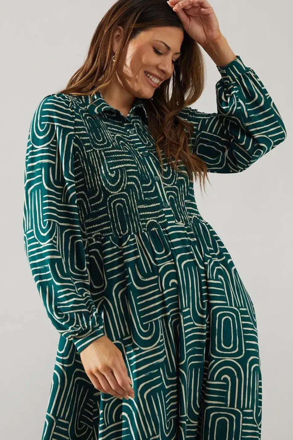 Green Geo Collared Midi Dress