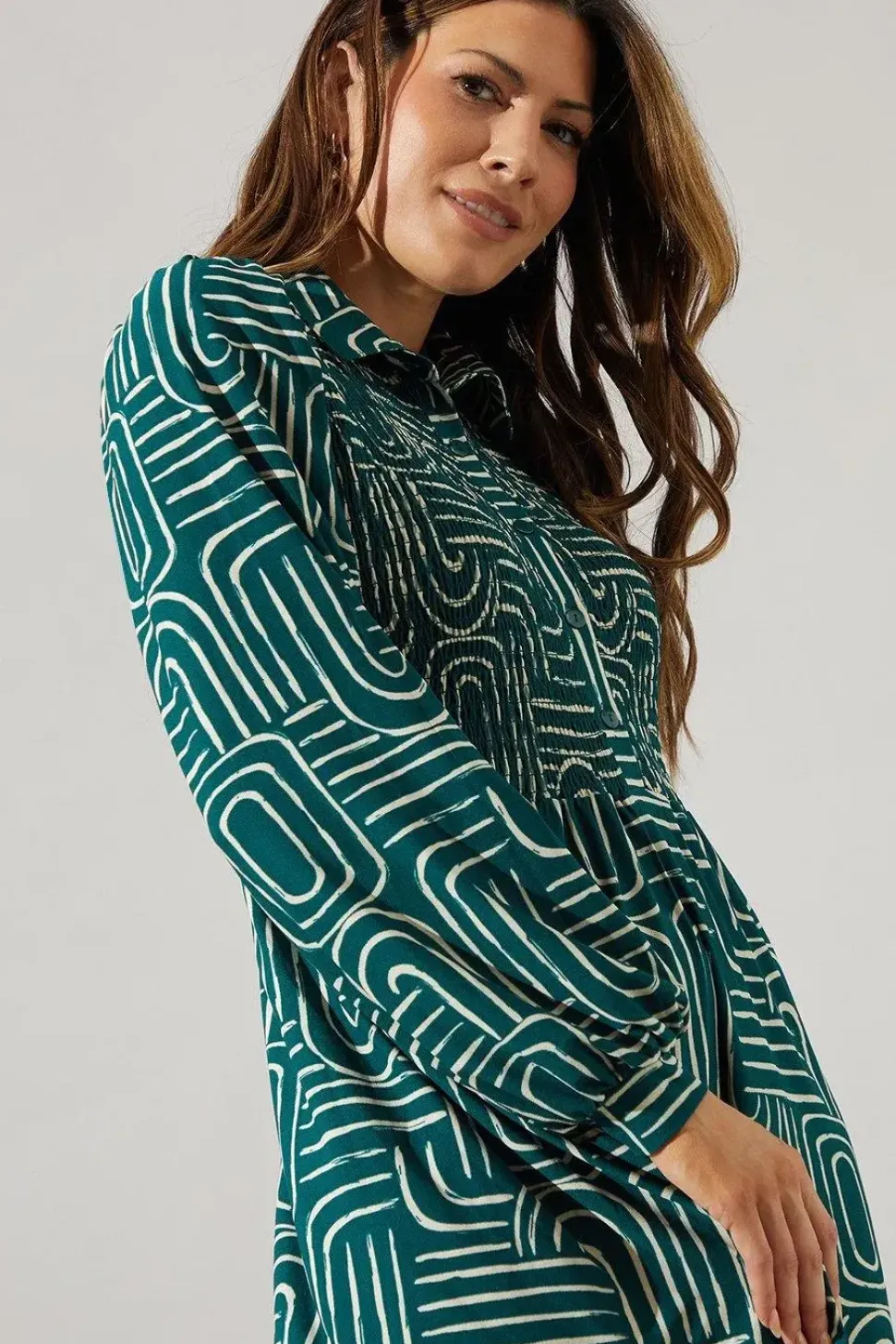 Green Geo Collared Midi Dress