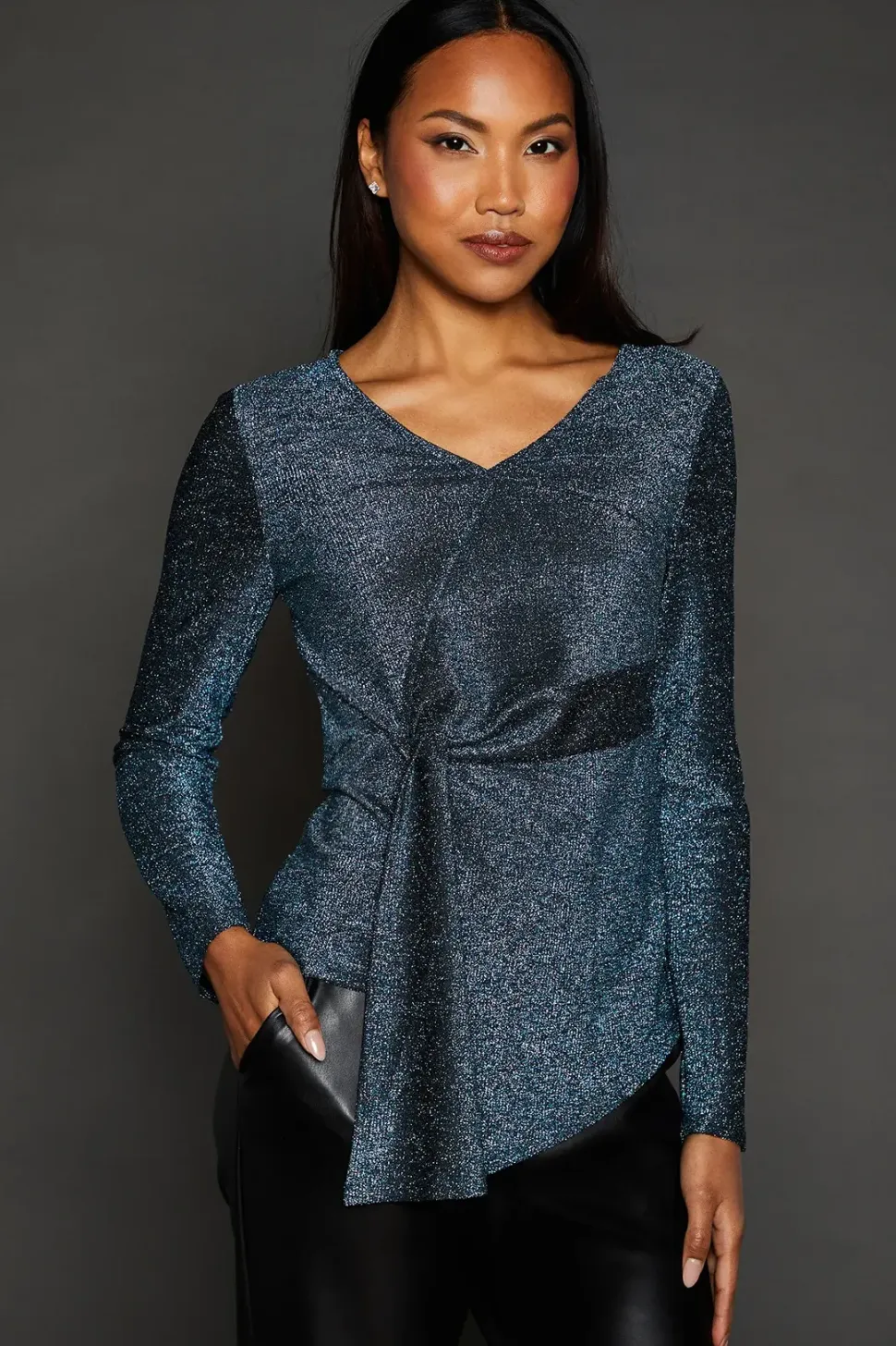 Green Glitter Detail Jersey Twist Detail Wrap Top