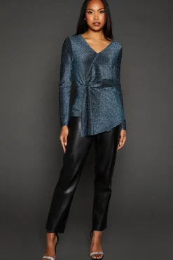 Green Glitter Detail Jersey Twist Detail Wrap Top