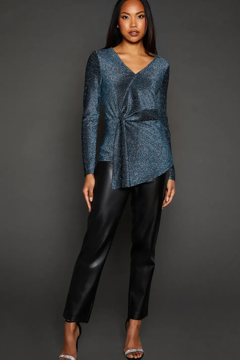 Green Glitter Detail Jersey Twist Detail Wrap Top