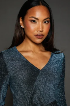 Green Glitter Detail Jersey Twist Detail Wrap Top