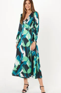 Green Leaf Print Satin Wrap Midi Dress