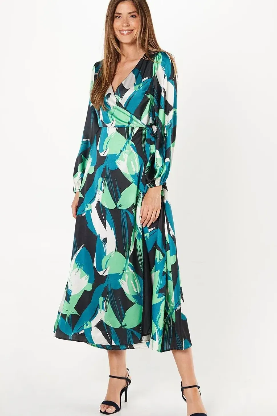 Green Leaf Print Satin Wrap Midi Dress