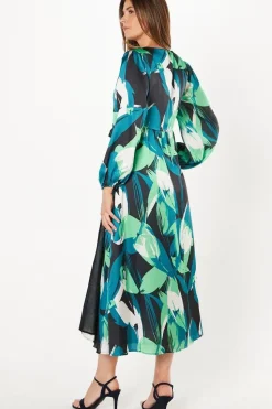 Green Leaf Print Satin Wrap Midi Dress