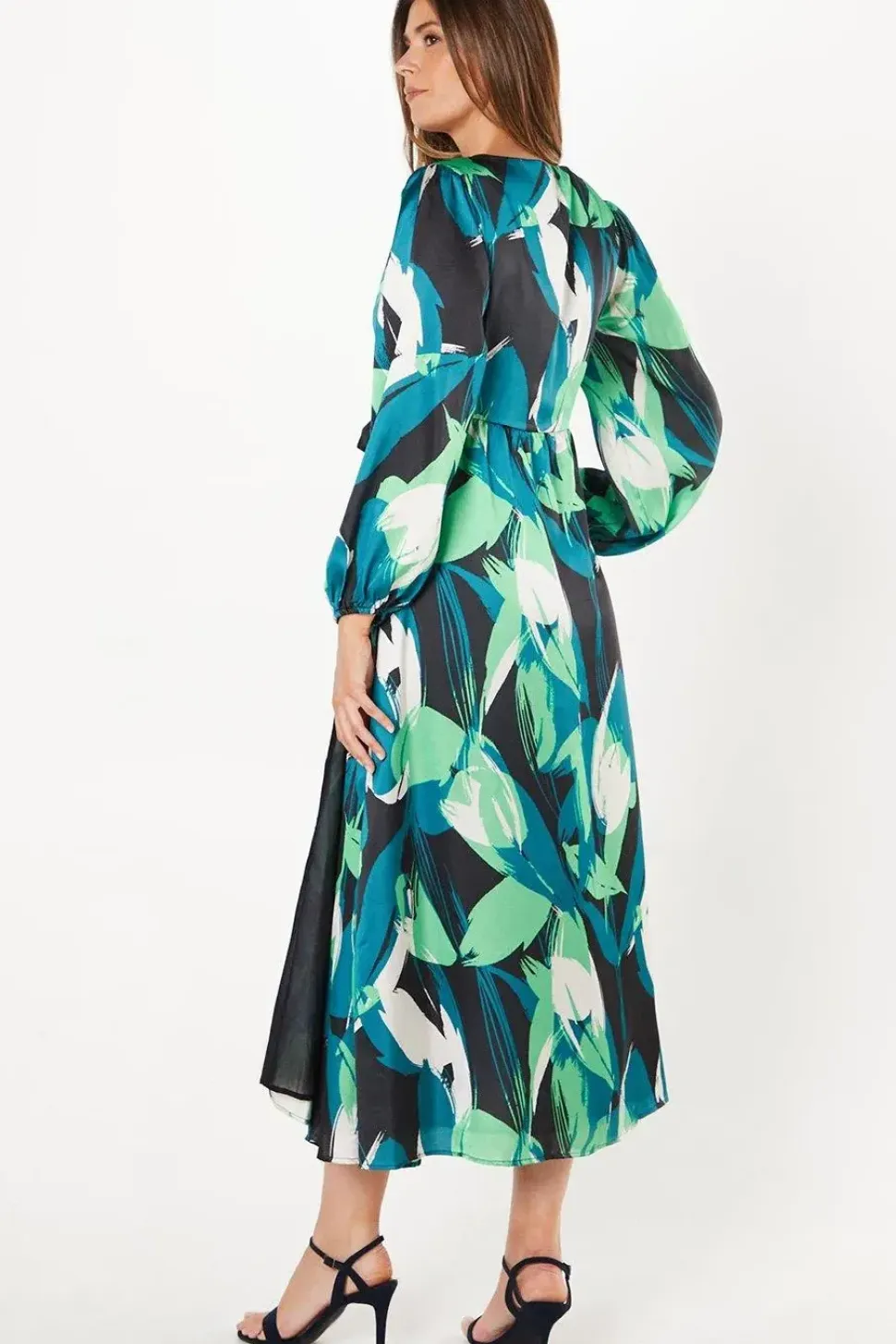 Green Leaf Print Satin Wrap Midi Dress