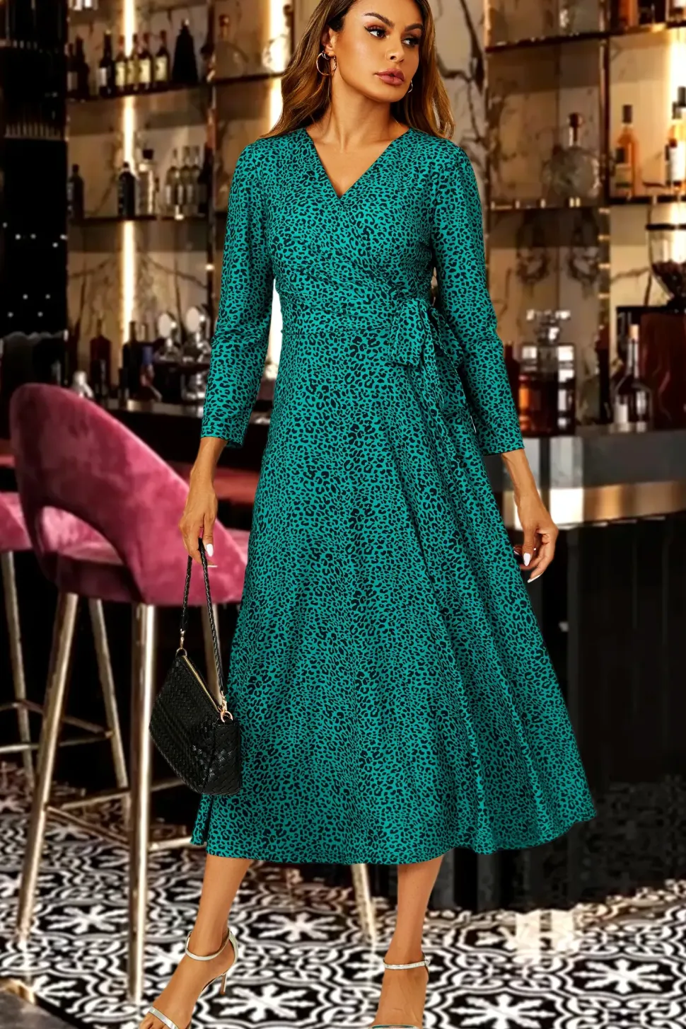 Green Leopard Print Wrap Top Midi Dress