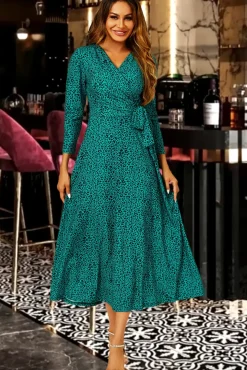 Green Leopard Print Wrap Top Midi Dress