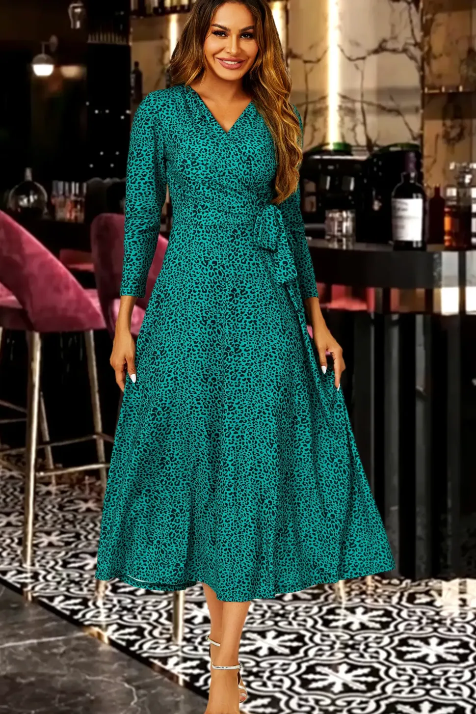 Green Leopard Print Wrap Top Midi Dress