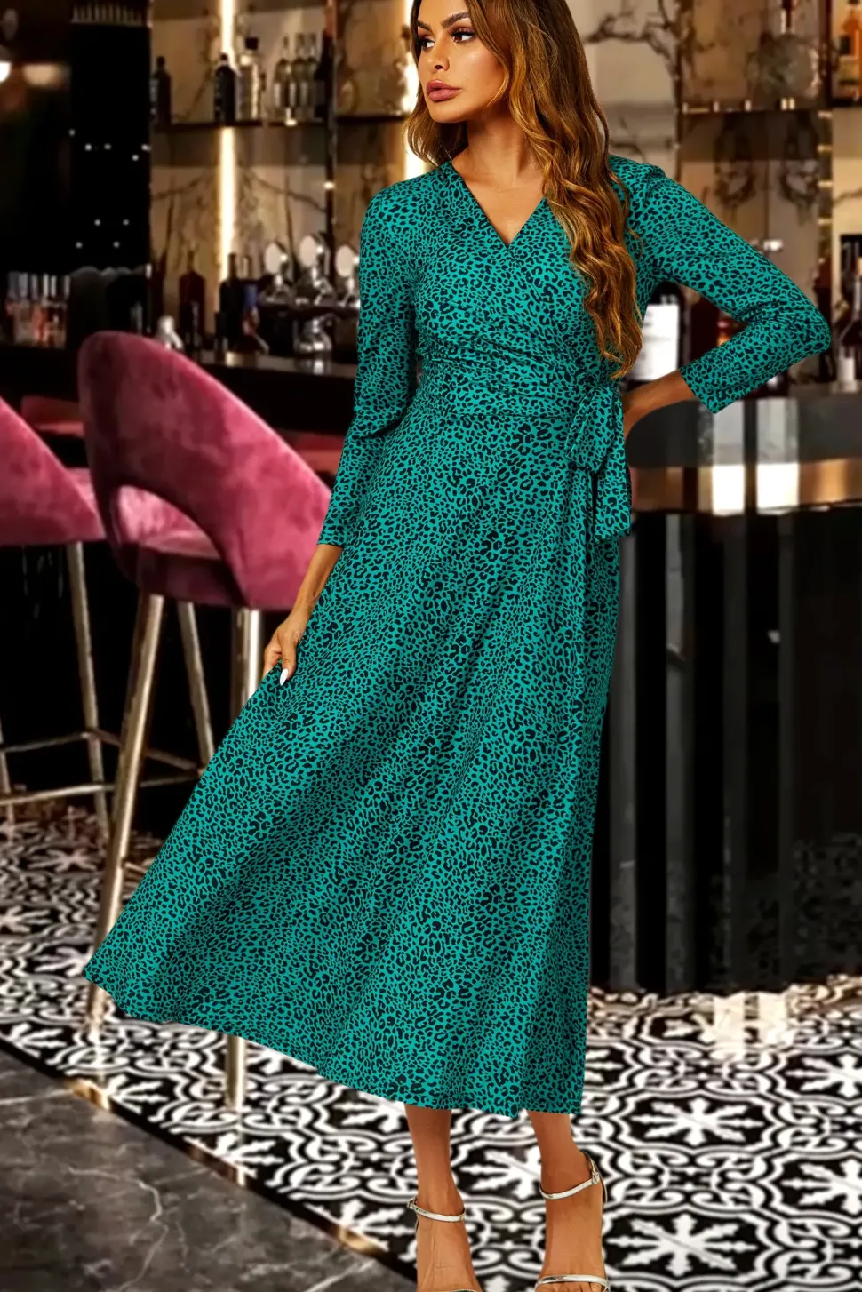 Green Leopard Print Wrap Top Midi Dress