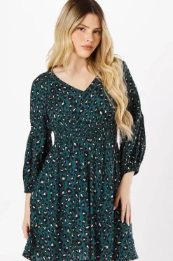Green Leopard V Neck Mini Dress