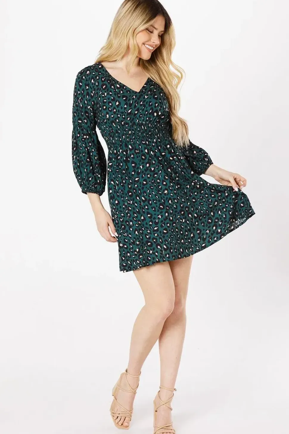 Green Leopard V Neck Mini Dress