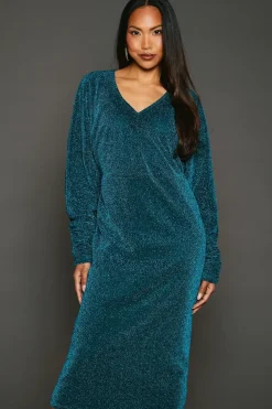 Green Metallic Jersey Batwing Midi Dress