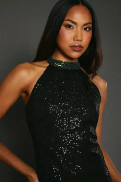 Green Ombre Sequin Halterneck Midi Dress