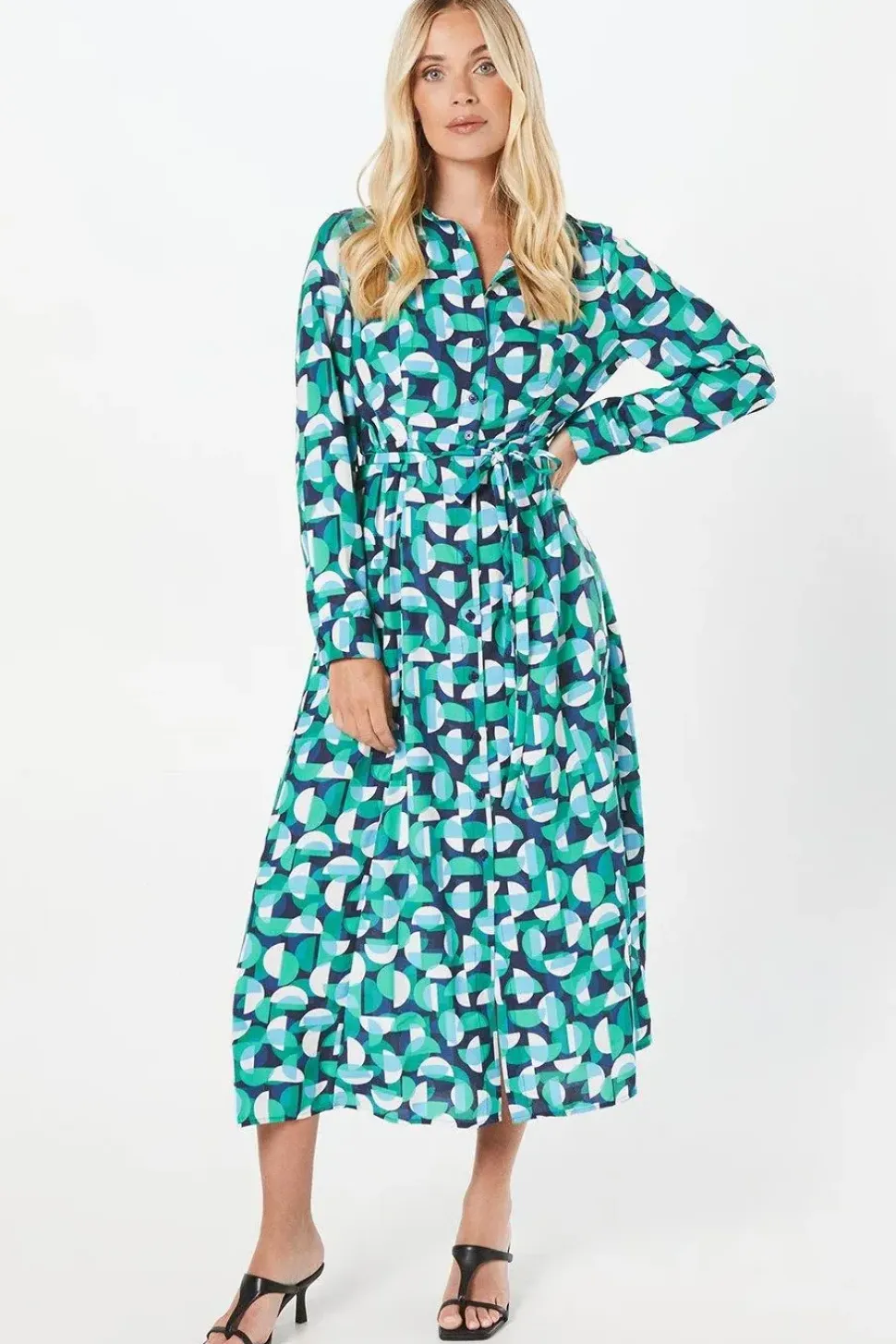 Green Petite Geo Printed Shirt Dress