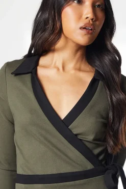 Green Ponte Contrast Wrap Dress
