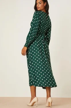 Green Spot Long Sleeve Shirred Cuff Midi Dress