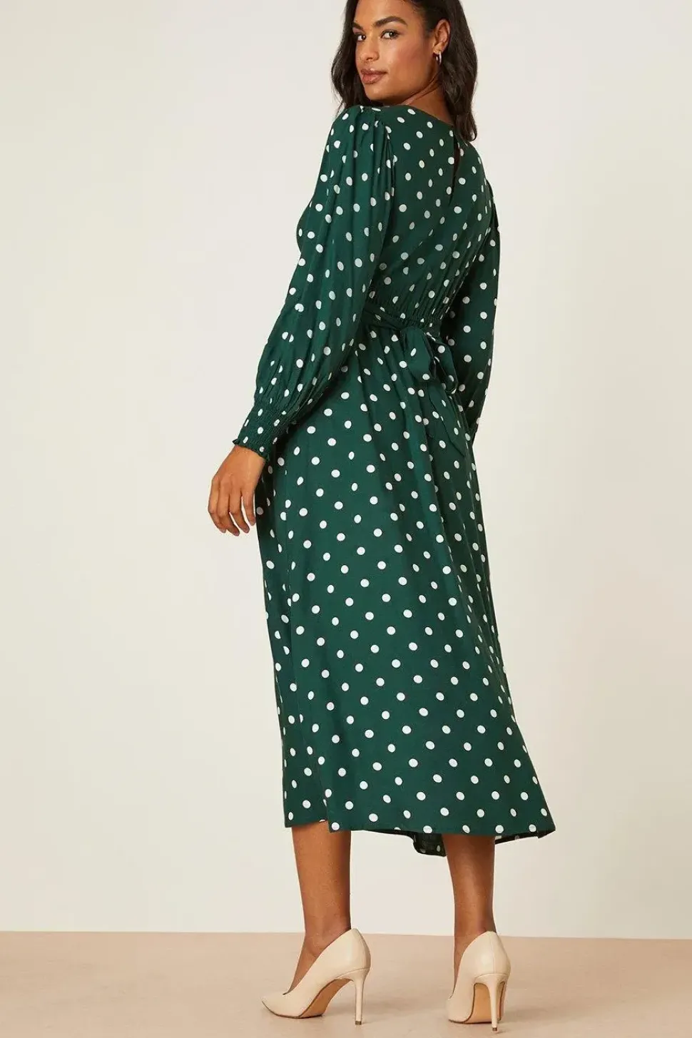 Green Spot Long Sleeve Shirred Cuff Midi Dress