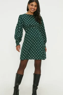 Green Spot Shirred Cuff Mini Dress