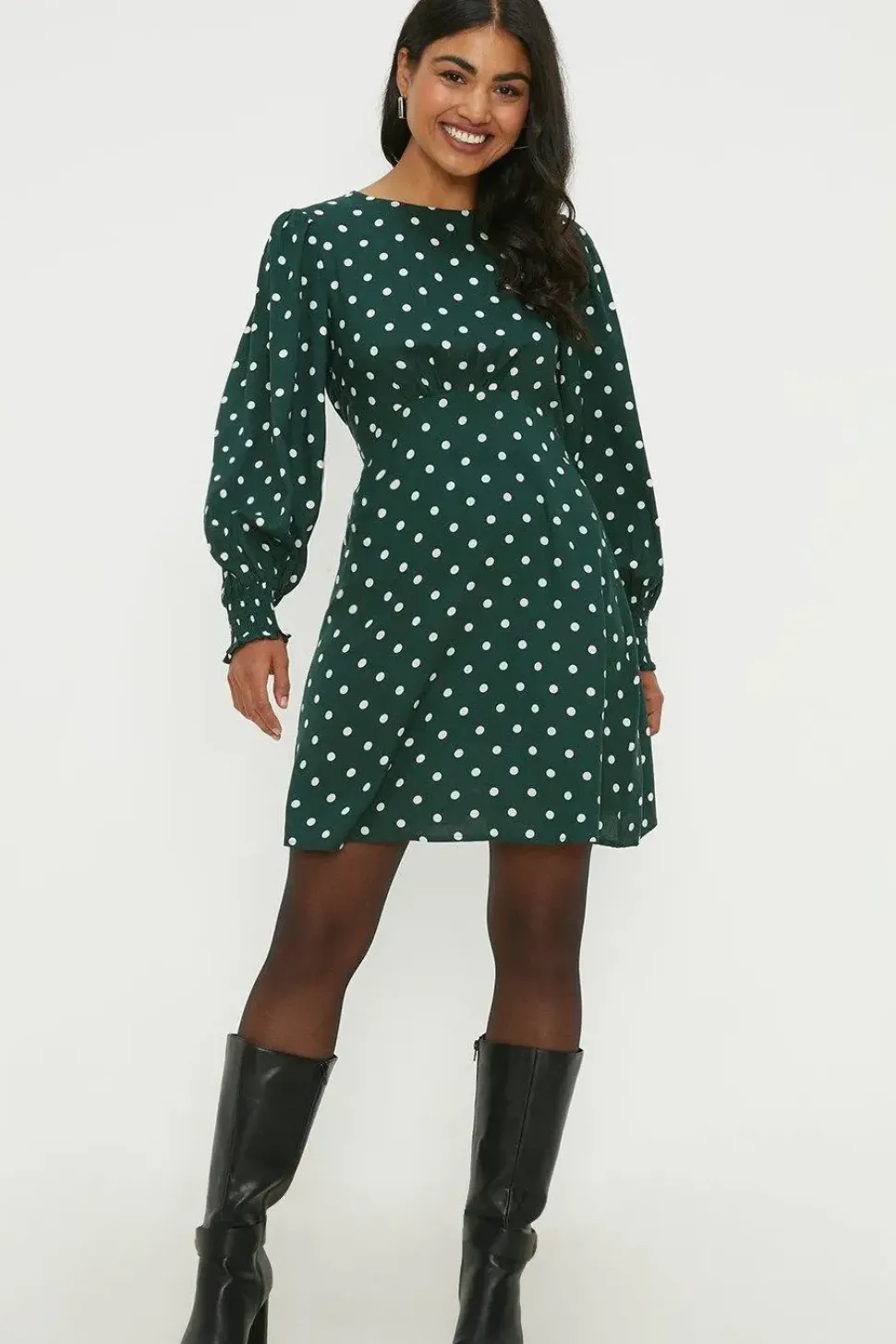Green Spot Shirred Cuff Mini Dress