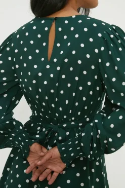 Green Spot Shirred Cuff Mini Dress