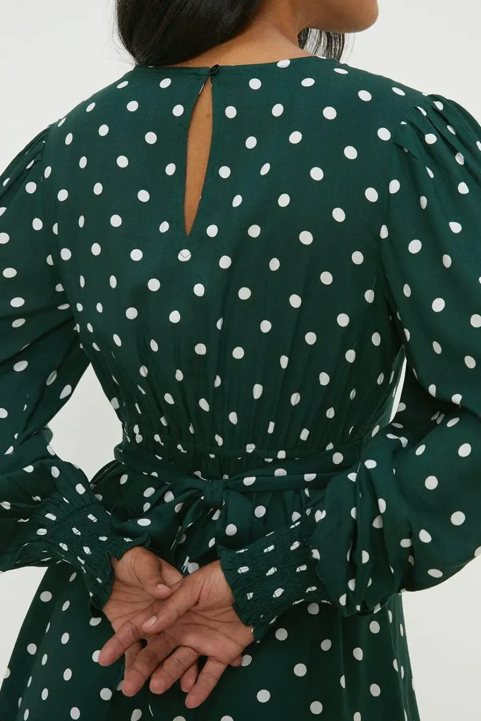 Green Spot Shirred Cuff Mini Dress