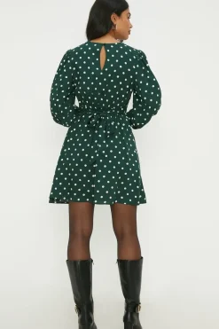 Green Spot Shirred Cuff Mini Dress