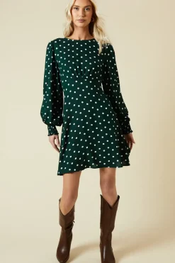 Green Spot Shirred Cuff Mini Dress