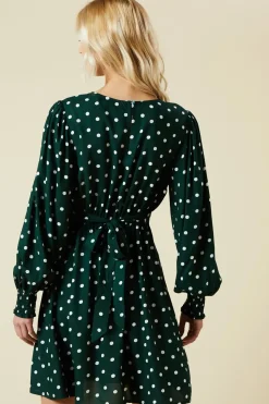 Green Spot Shirred Cuff Mini Dress