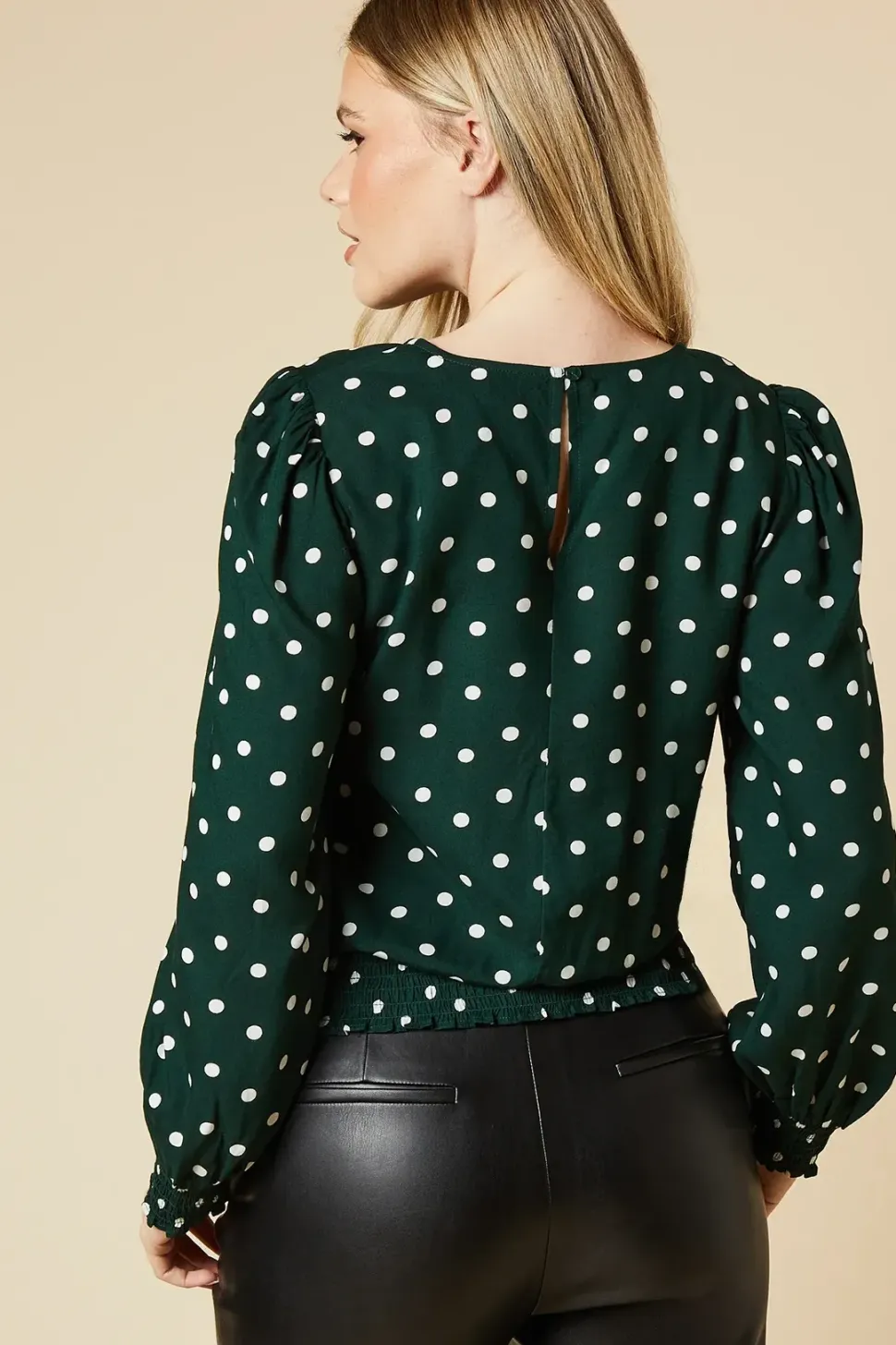 Green Spot Shirred Hem Top