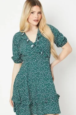 Green Spot Wrap Mini Dress
