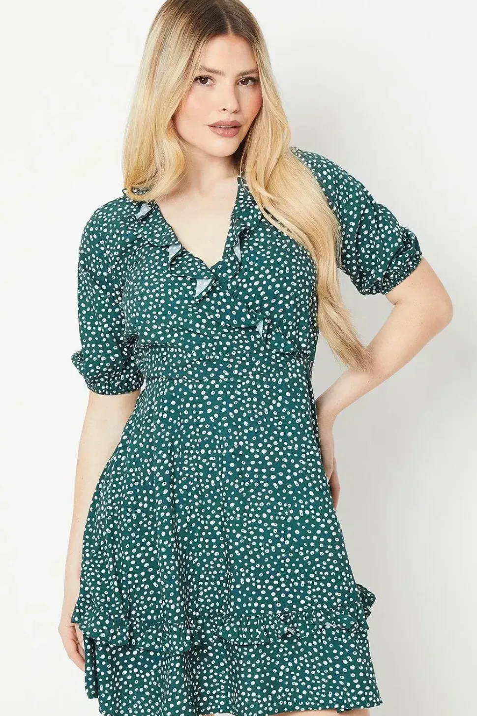 Green Spot Wrap Mini Dress