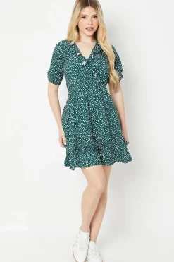 Green Spot Wrap Mini Dress