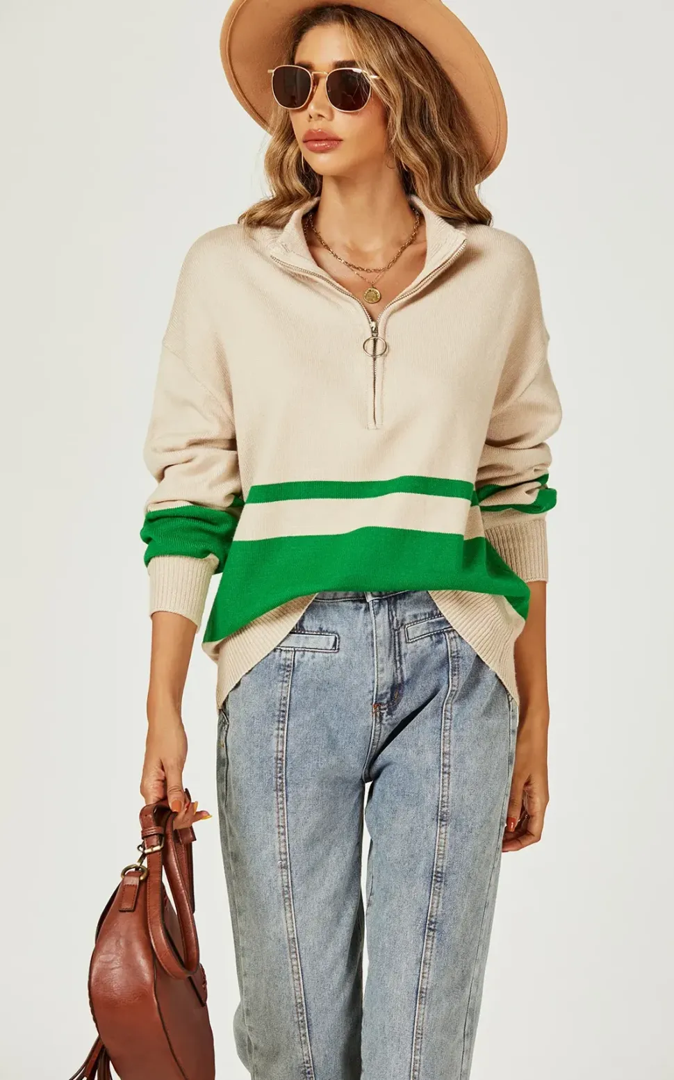 Green Stripe Block Colour 3/4 Zip Cable Knit Jumper In Cream