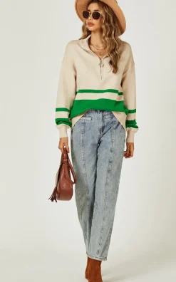 Green Stripe Block Colour 3/4 Zip Cable Knit Jumper In Cream