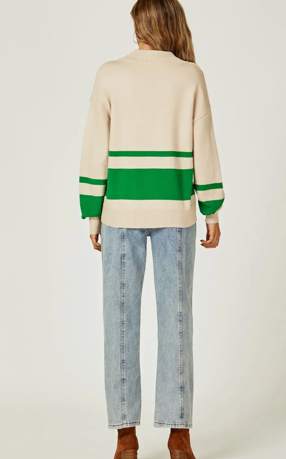 Green Stripe Block Colour 3/4 Zip Cable Knit Jumper In Cream