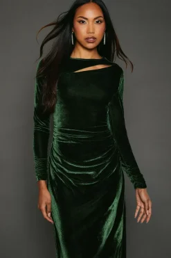 Green Velvet Asymmetric Cut Out Midaxi Dress