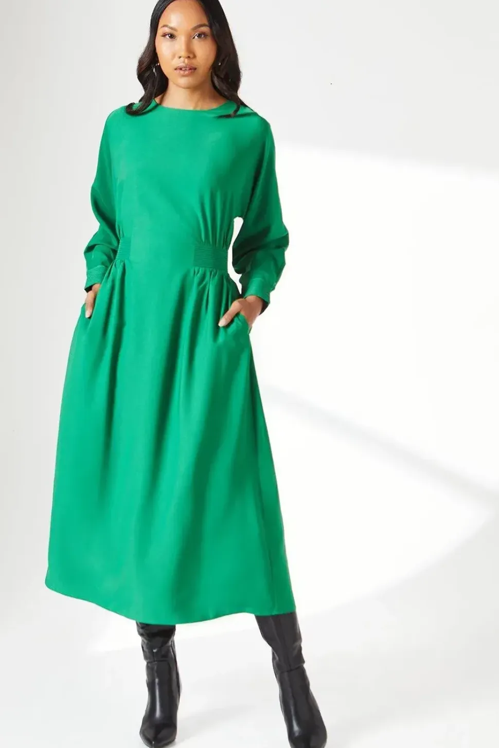 Green Waist Detail Crepe Midi Dress