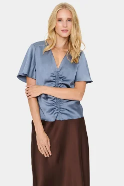 HafiaSZ Blouse V-neck Short Sleeve Satin-