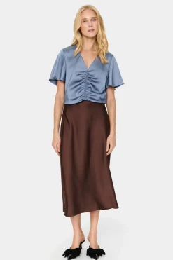 HafiaSZ Blouse V-neck Short Sleeve Satin-