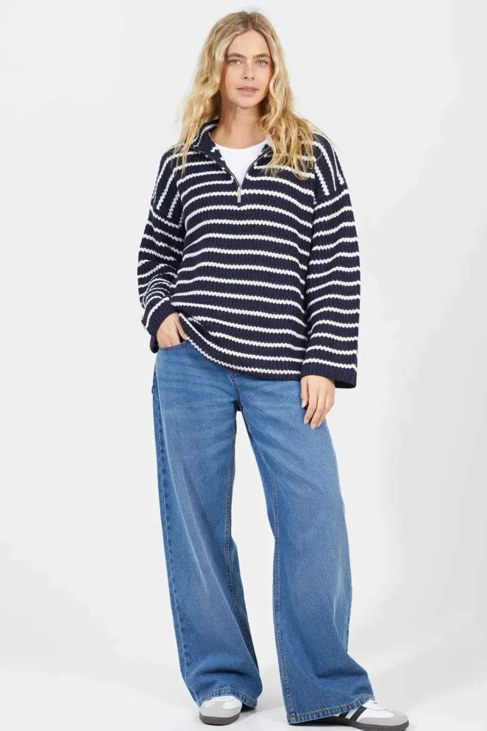 Half Zip Striped Fisherman Knit Jumper
