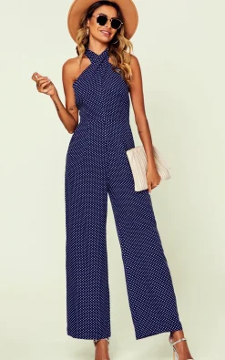 Halter Neck Back Detail Jumpsuit In Navy & Polka Dot