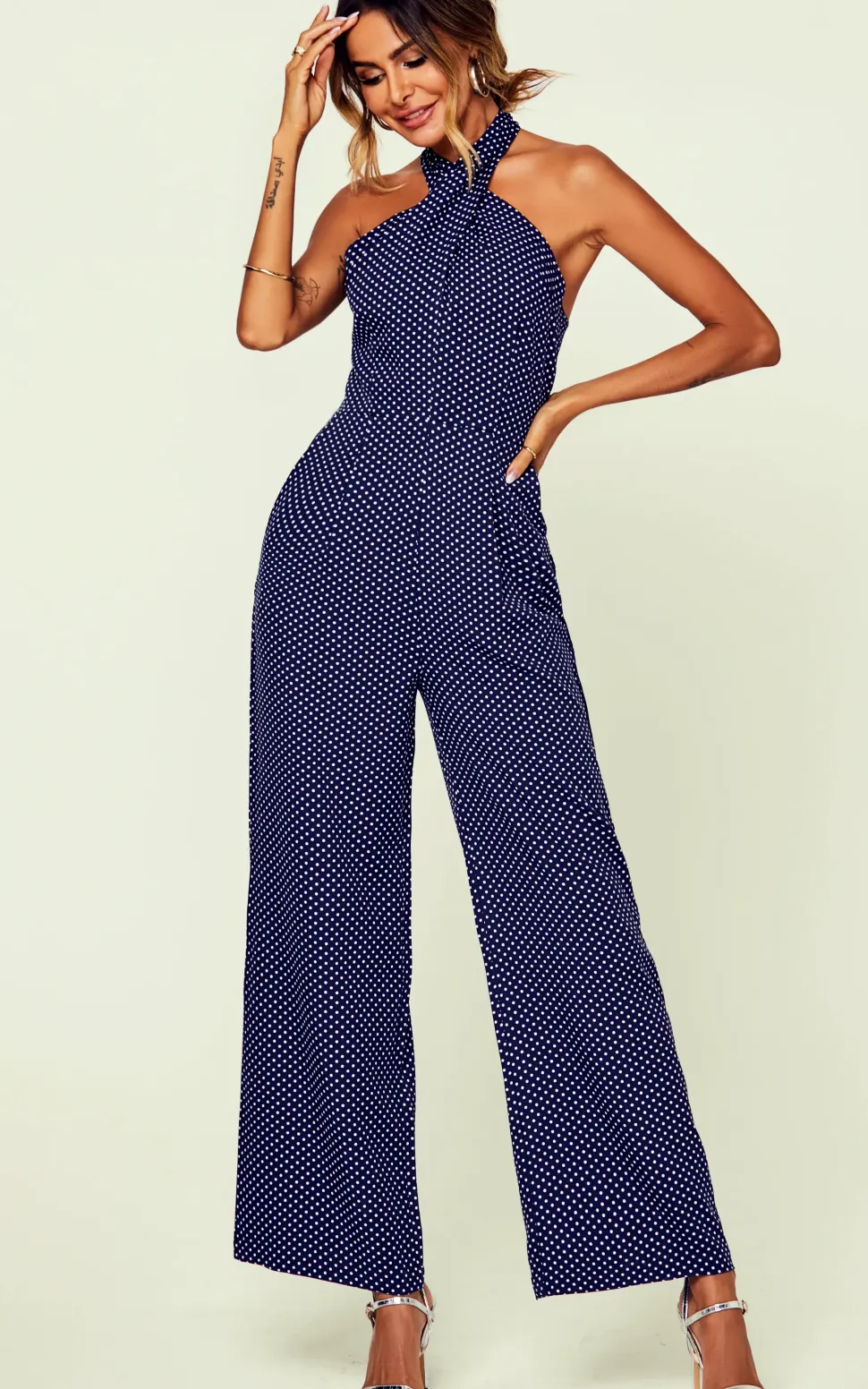 Halter Neck Back Detail Jumpsuit In Navy & Polka Dot