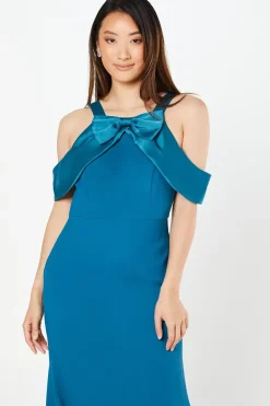 Halterneck Bow Detail Contrast Satin Maxi Dress