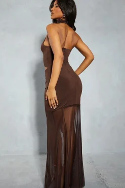 Halter Neck Corsage Ruched Mesh Maxi Dress