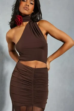 Halter Neck Corsage Ruched Mesh Maxi Dress