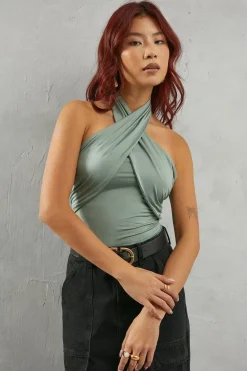 Halter Neck Criss Cross Jersey Body Fit Top